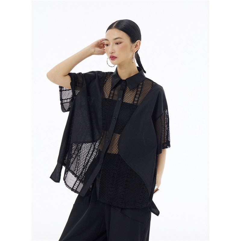 Sheer Mesh Polo Collar Short Sleeve Shirt  Loose Fit, Slimming Effect, Stylish & Versatile Top For Women