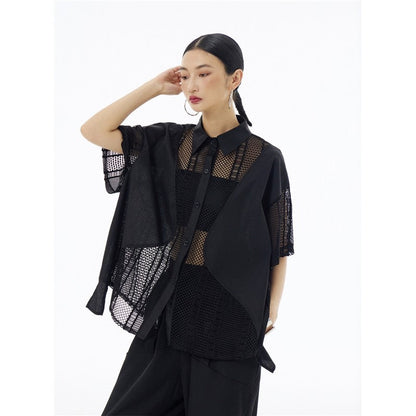 Sheer Mesh Polo Collar Short Sleeve Shirt  Loose Fit, Slimming Effect, Stylish & Versatile Top For Women