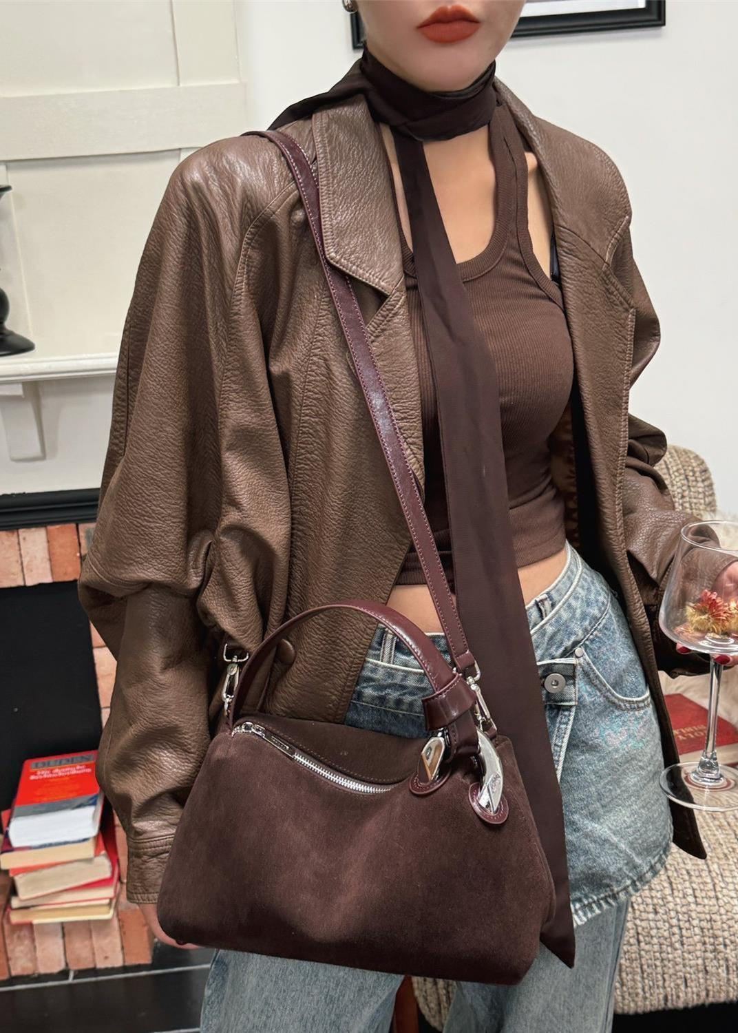 Suede Shoulder and Crossbody Bag With Leather Straps