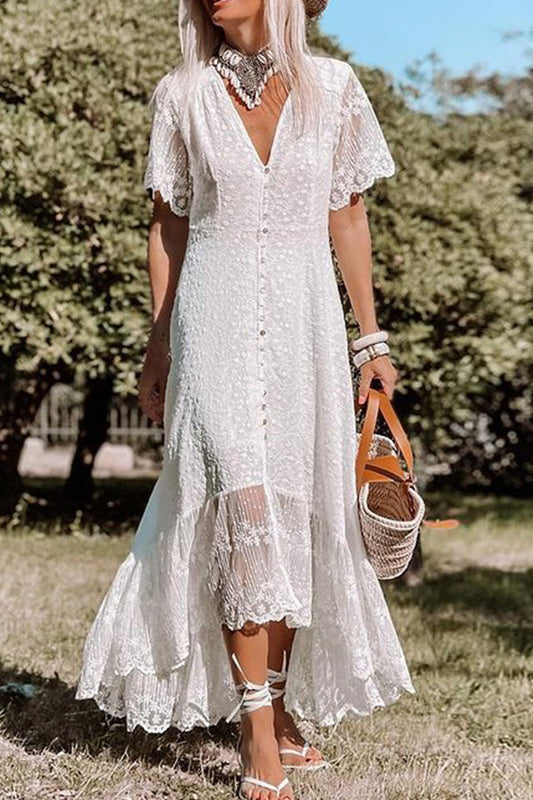 V Neck Slim Dress Floral Lace Midi Dress