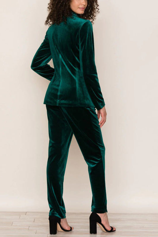 Solid Color Velvet Long-sleeve Blazer and Elastic Waist Pocket Pants Set