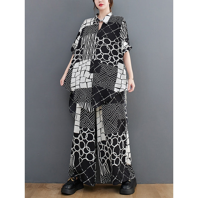 Original Loose Contrast Color Plaid Polka-Dot Blouse&Wide Legs Pants Two Pieces Set
