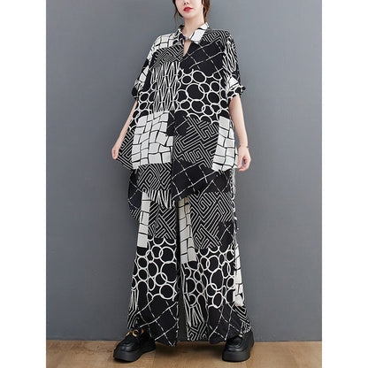 Original Loose Contrast Color Plaid Polka-Dot Blouse&Wide Legs Pants Two Pieces Set