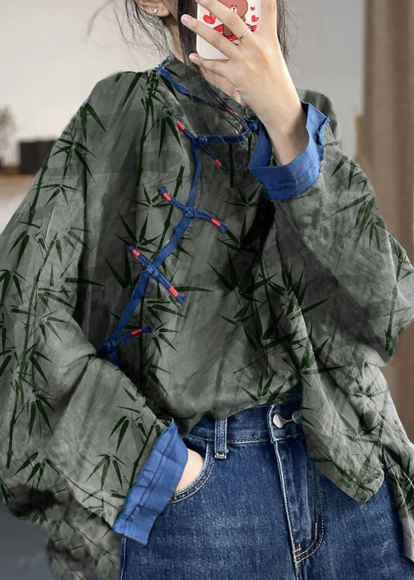 Loose Blue Button Print Patchwork Cotton Shirts Long Sleeve