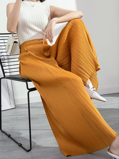 Simple Loose Wide Leg Pleated Solid Color Casual Pants Bottoms