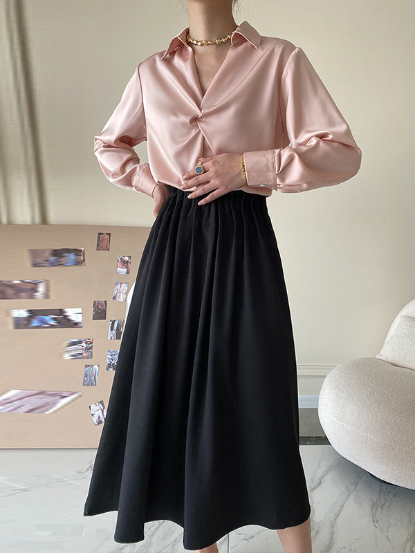 Long Sleeves Knot Pleated Solid Color Split-Joint Lapel Blouses&Shirts Tops