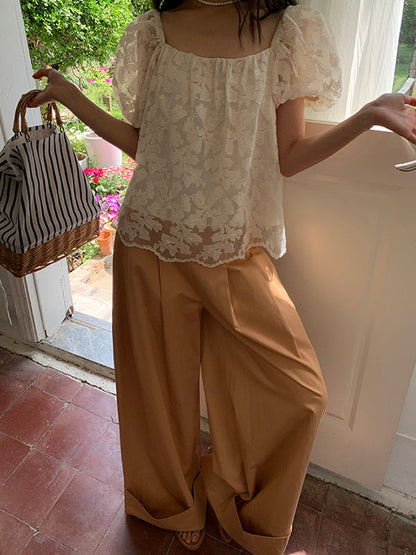 High Waisted Wide Leg Pleated Solid Color Casual Pants Bottoms Flared Trousers