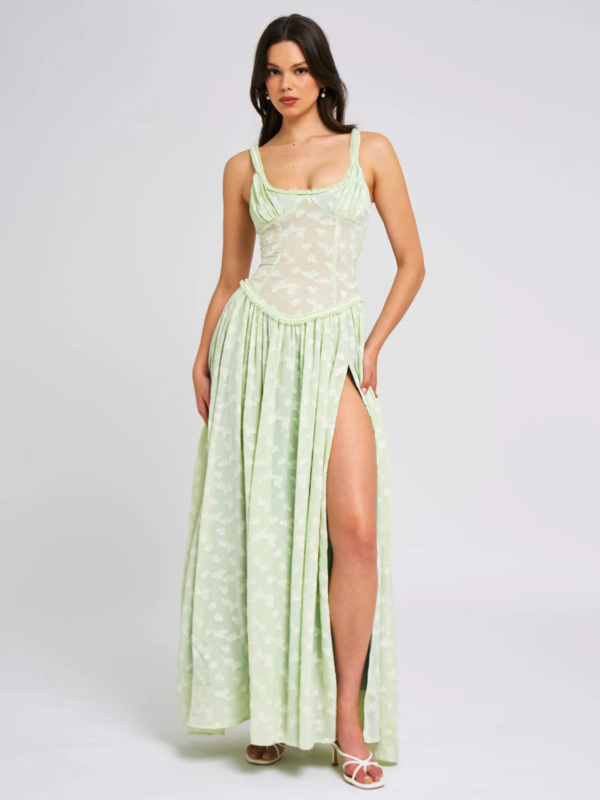 Lace Maxi Dress With Square Neckline And Slit