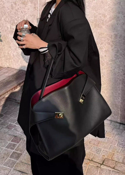 Black Leather Tote Bag with Gold Accents