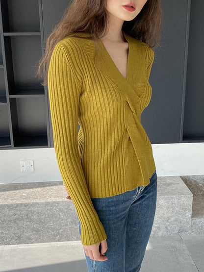 Long Sleeves Loose Knot Solid Color V-Neck Pullovers Sweater Tops