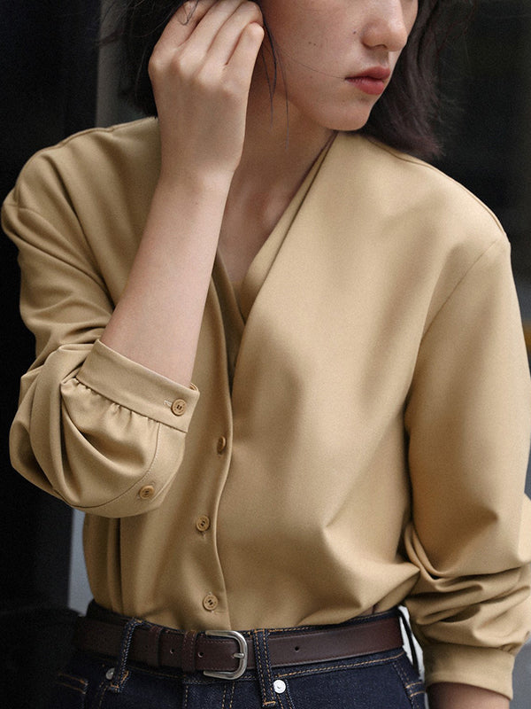 Solid Color V-Cut Double Layered Buttoned Retro Long Sleeves Blouses
