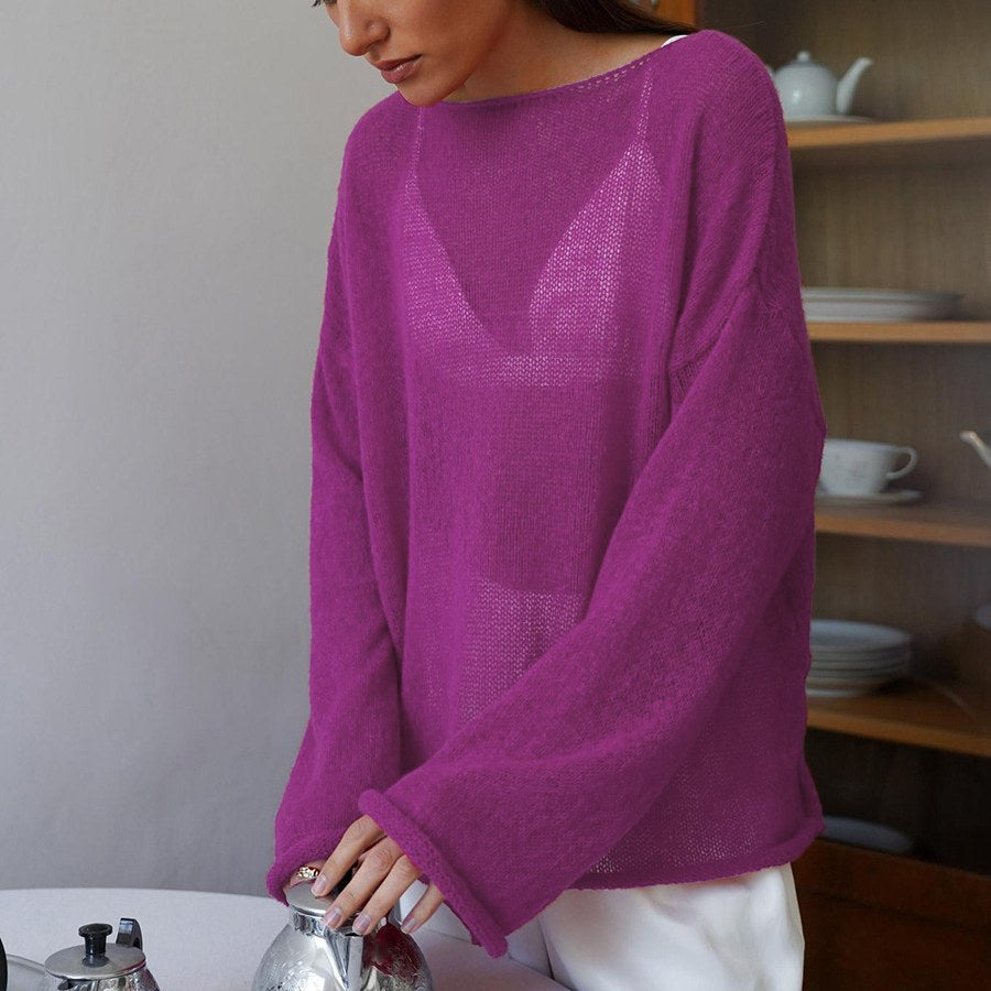 Solid Color See Through Flare Sleeves Knit Top