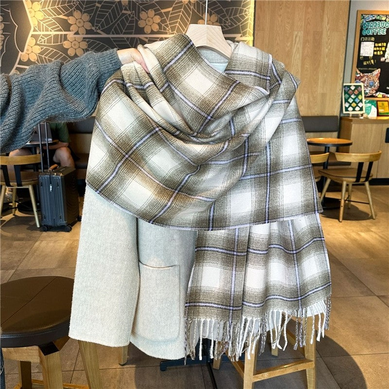 Color Block Plaid Fringe Scarf
