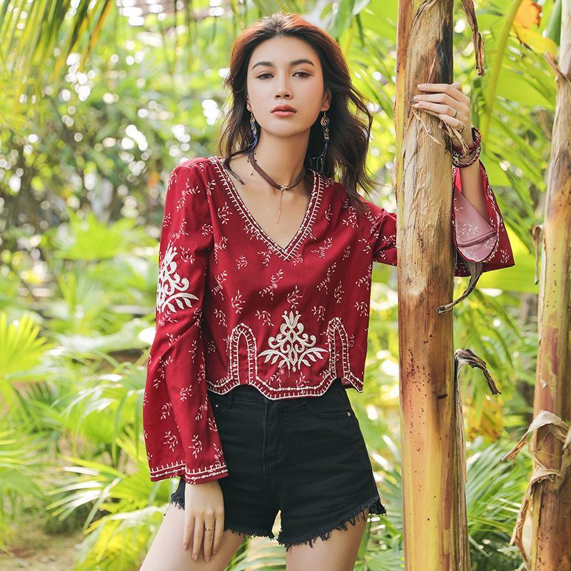 Autumn Ethnic Style Bohemian Embroidery V-Neck Long Sleeve Loose Chiffon Top