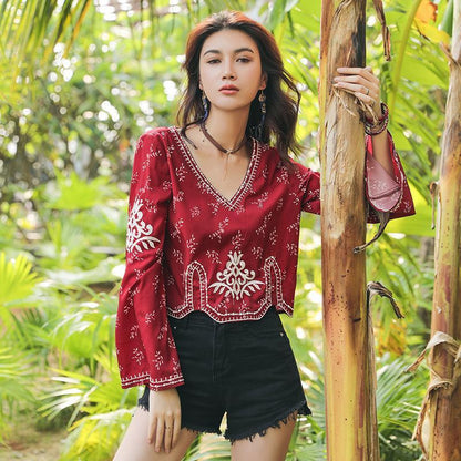 Autumn Ethnic Style Bohemian Embroidery V-Neck Long Sleeve Loose Chiffon Top