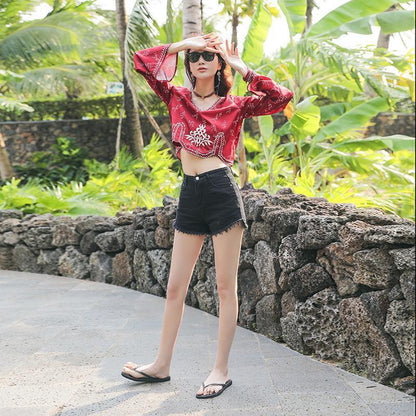 Autumn Ethnic Style Bohemian Embroidery V-Neck Long Sleeve Loose Chiffon Top