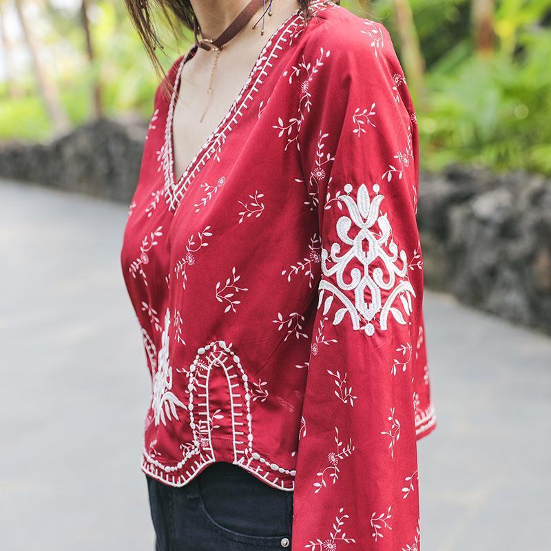 Autumn Ethnic Style Bohemian Embroidery V-Neck Long Sleeve Loose Chiffon Top