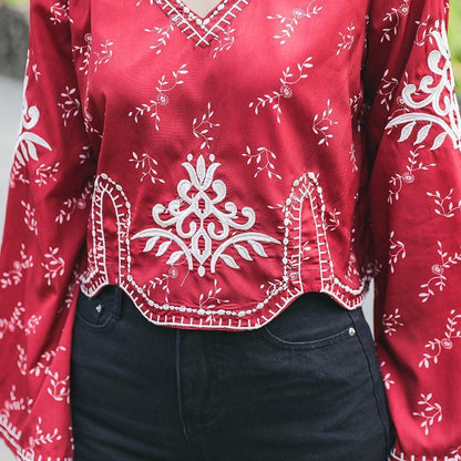 Autumn Ethnic Style Bohemian Embroidery V-Neck Long Sleeve Loose Chiffon Top