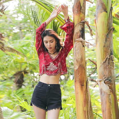 Autumn Ethnic Style Bohemian Embroidery V-Neck Long Sleeve Loose Chiffon Top