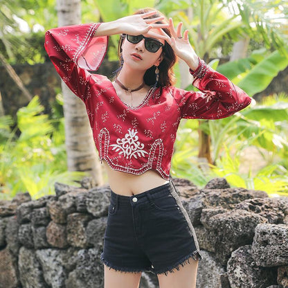 Autumn Ethnic Style Bohemian Embroidery V-Neck Long Sleeve Loose Chiffon Top