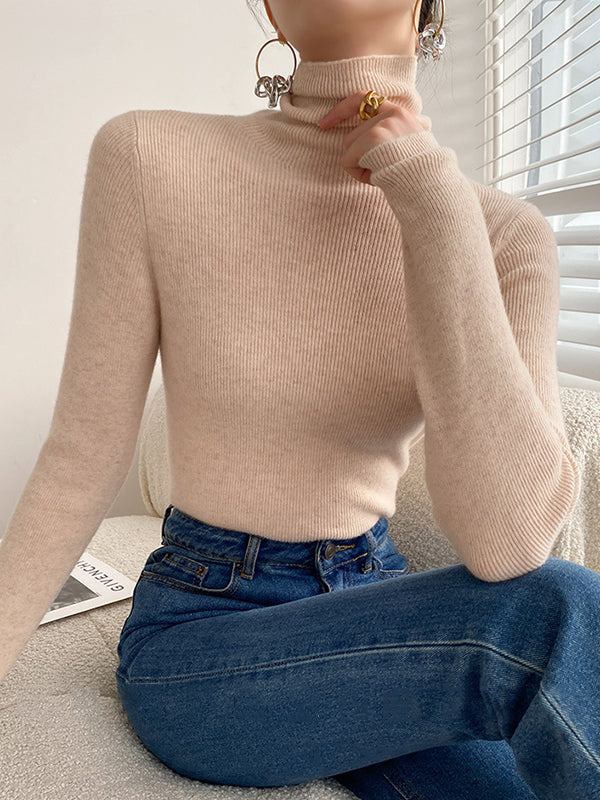Simple Skinny Solid Color High-Neck Sweater Tops Pullovers