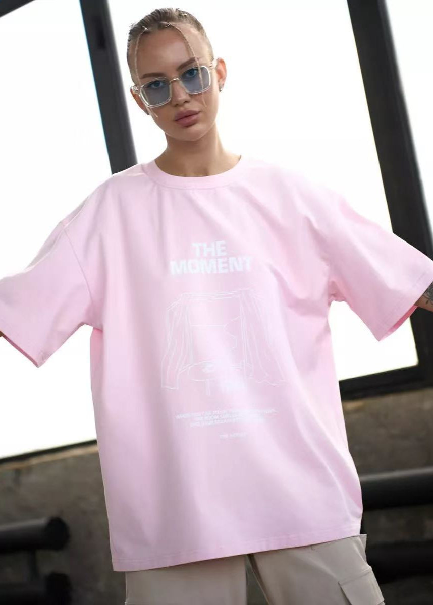 Oversized Cotton Tee With Graphic Print Pink