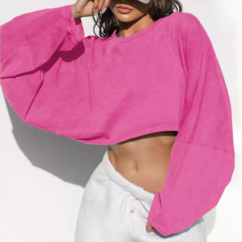 Casual Solid Color Crew Neck Cropped Sweatshirt