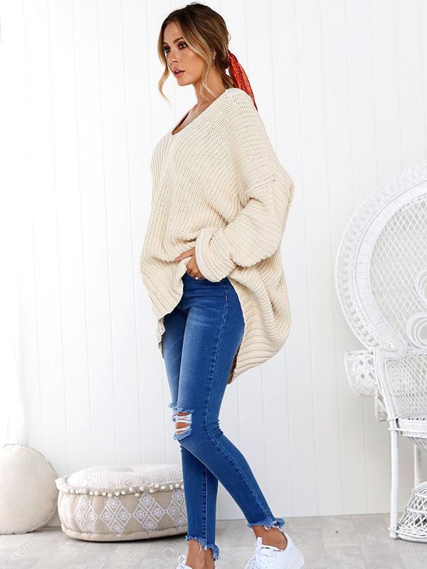 Solid Color V-Neck Loose Sweater Tops