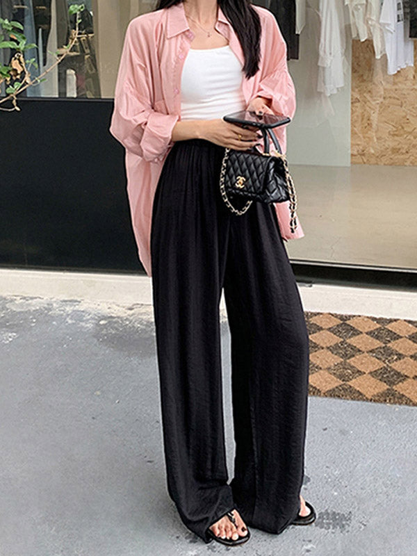 High Waisted Loose Elasticity Pleated Pockets Solid Color Pants