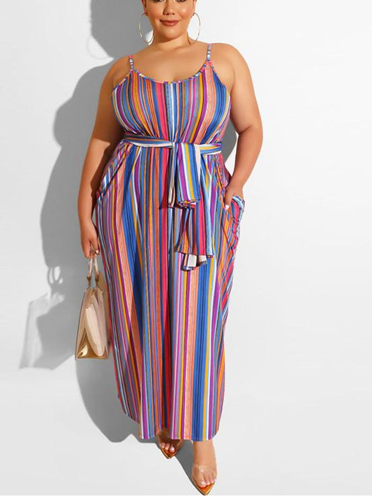 Large Women'S Stripe Loose Dress With Belt And Suspender Summer