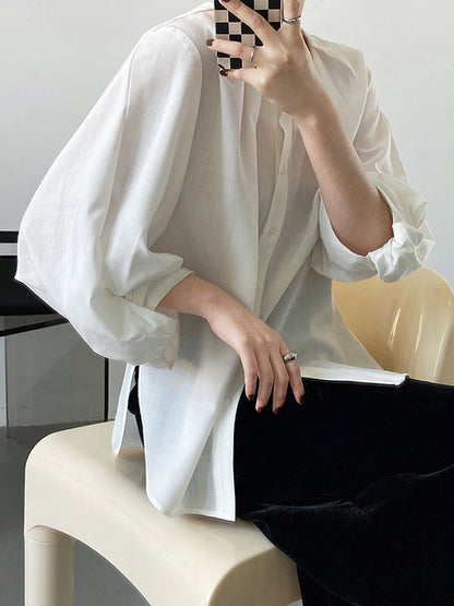 High-Low Loose Pleated See-Through Solid Color Split-Joint Round-Neck Blouses