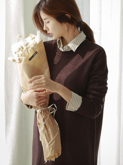 Urban Long Sleeves Loose Split-Side Solid Color Round-Neck Sweater Dresses