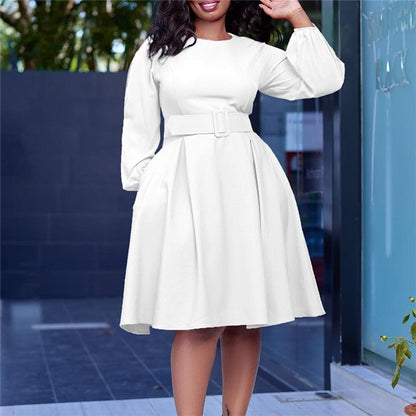 Solid Color Long Sleeve Round Neck Dress With Belt