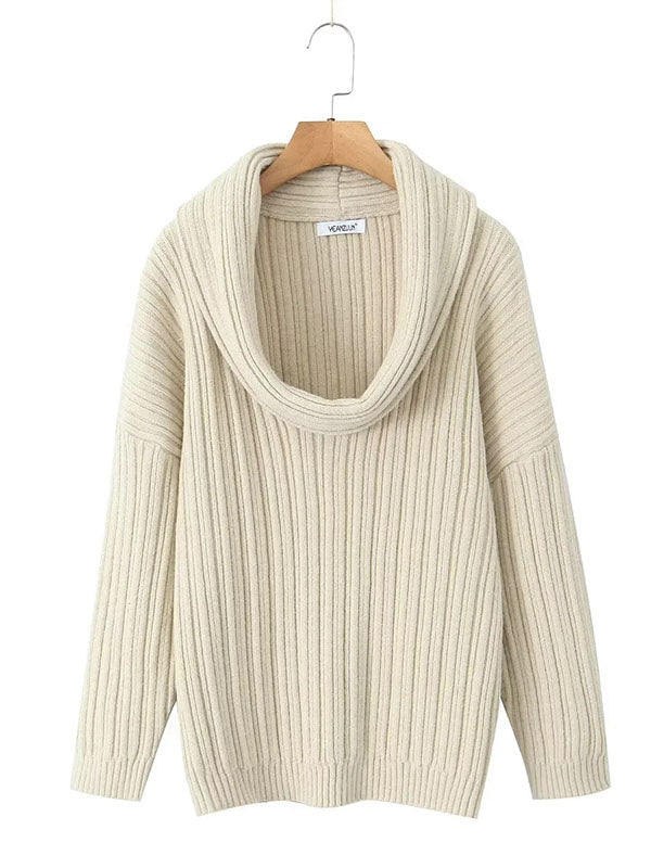 Long Sleeves Loose Pleated Solid Color Split-Joint Off-The-Shoulder Sweater