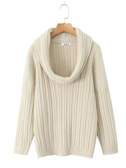 Long Sleeves Loose Pleated Solid Color Split-Joint Off-The-Shoulder Sweater