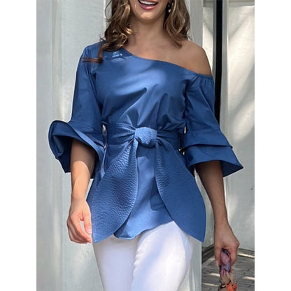 Flared Sleeves Wrap Bandage Hollow Solid Color Split-Joint Shirts Tops