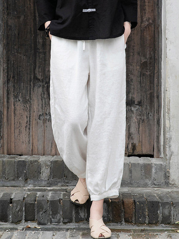 Simple Linen Solid Color Elasticity Waist Loose Knickerbockers&Capri-Pants