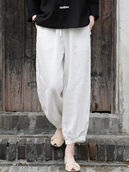 Simple Linen Solid Color Elasticity Waist Loose Knickerbockers&Capri-Pants