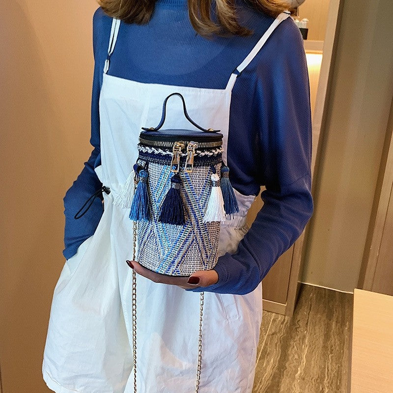 Casual Striped One Shoulder Tasseled Round Bag