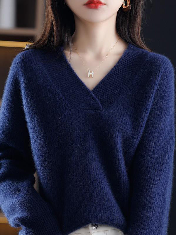 Loose Long Sleeves Solid Color V-Neck Sweater Tops