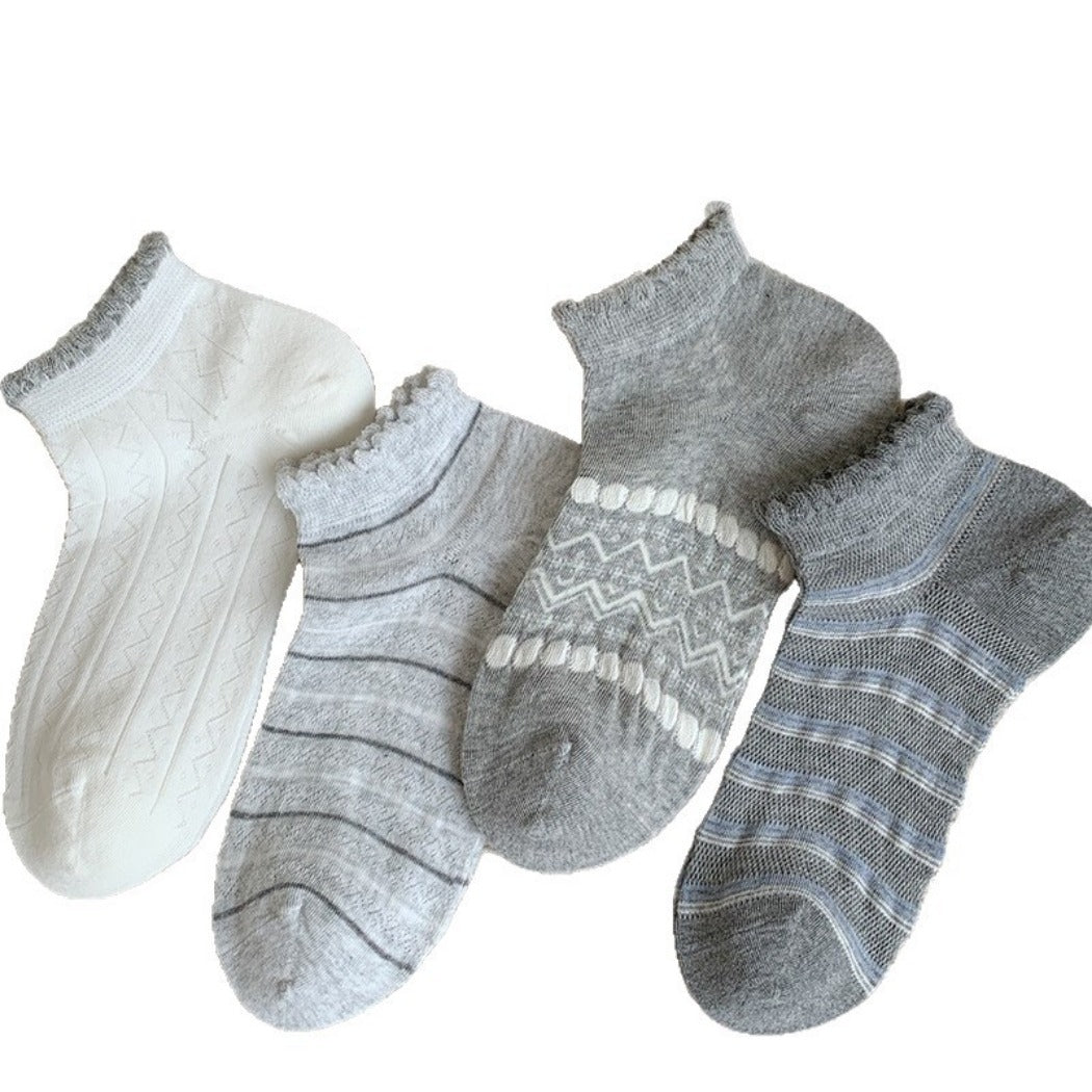 Rufia - Grey Striped Wavy Trim Ankle Socks - Basic