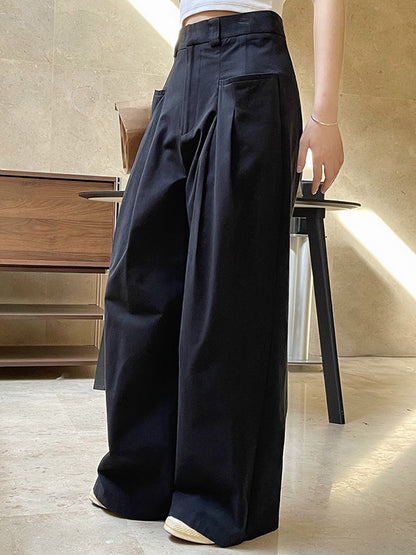 Original Loose Wide Legs Pleated Solid Color Pants