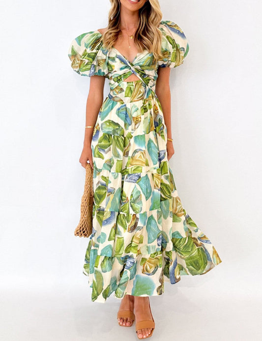 Floral Backless Puffy Sleeves Long Dress