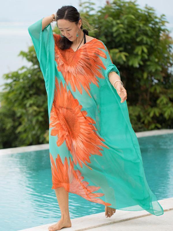 Sunflower Pattern Loose Plus Size Beach Cover-Ups