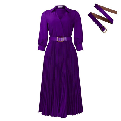 Solid Color Long Sleeve Pleated V-Neck Maxi Dress