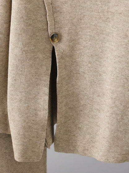 Urban Loose Buttoned Split-Front Solid Color High-Neck Sweater Tops &Wide Leg Pants Two Pieces Set