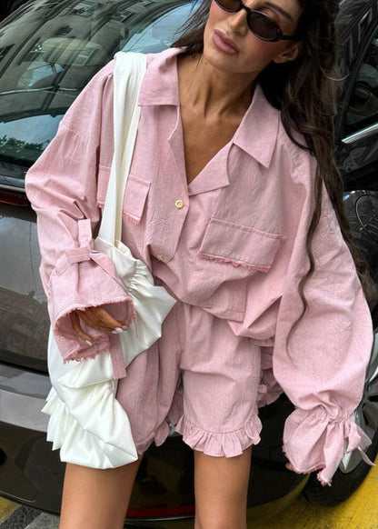Cotton Ruffled Lounge Set With Oversized Shirt