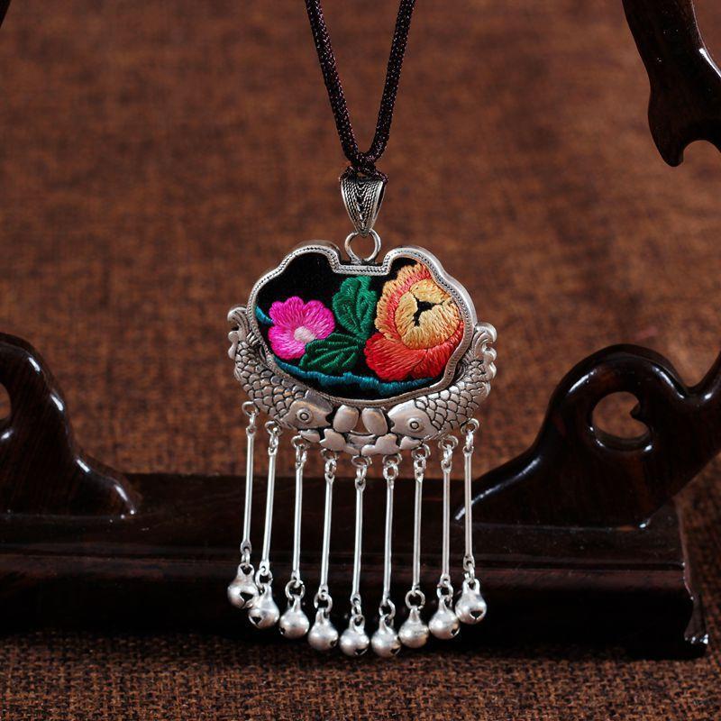 Embroidery Necklace Sweater Chain Retro Pendant