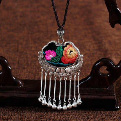 Embroidery Necklace Sweater Chain Retro Pendant