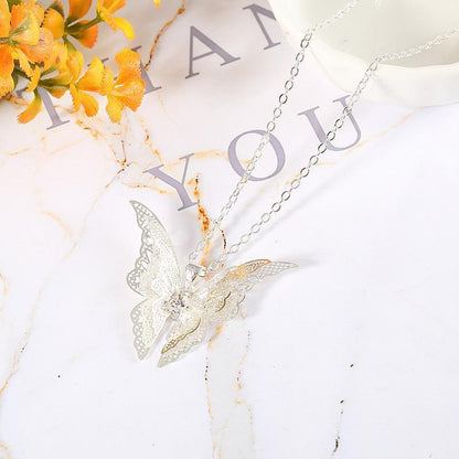 Silver Plated Openwork Butterfly Diamondd Wings Necklace